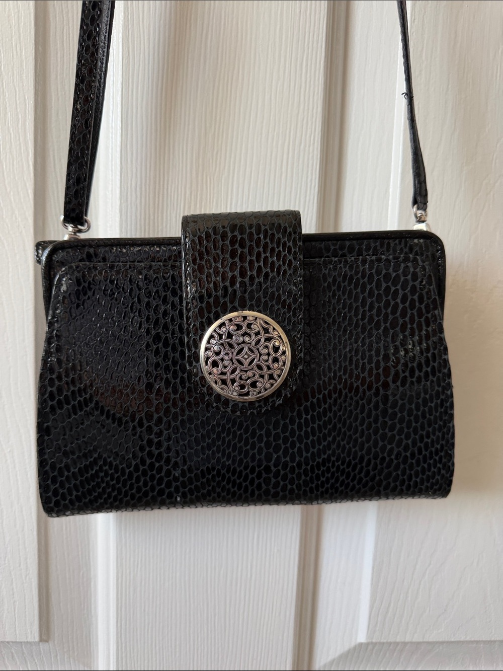 Brighton Black Faux-Snake Leather Wristlet with Decorative Medallion